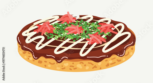 Illustration of a savory pancake topped with sauce, mayonnaise, ginger and herbs
