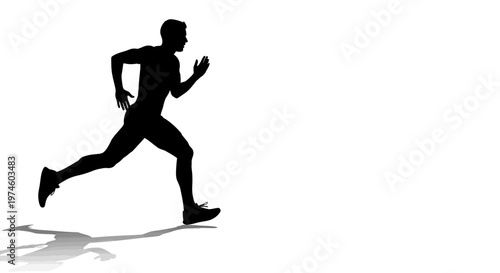 Silhouette of a male runner in motion, dynamic pose, isolated on white background with shadow