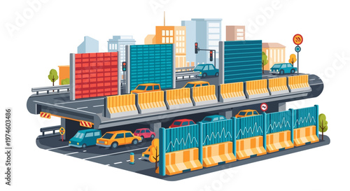 Modern Urban Multi-Level Highway System with Traffic Flow.