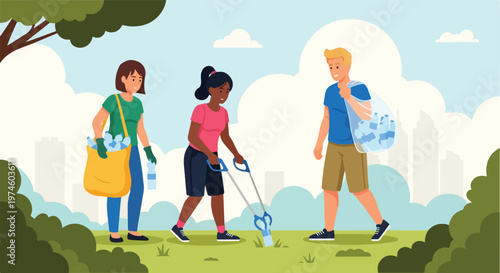 Three diverse volunteers working together to collect plastic litter in a park area