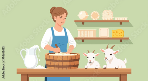 A woman in an apron makes goat cheese in a tub alongside two small baby goats
