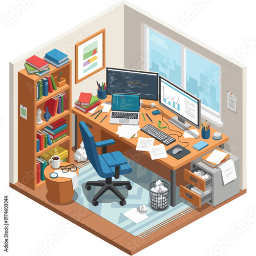 An isometric view of a cluttered office with multiple computers and bookshelves
