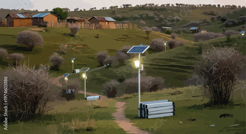 Solar-powered streetlights illuminating a rural village path at twilight dusk