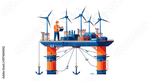 Offshore wind farm platform with engineer overseeing operations.