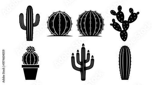 Collection of black and white cactus silhouettes various shapes and sizes