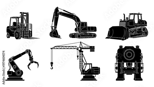 Collection of Black and White Silhouettes of Industrial Construction and Manufacturing Machinery