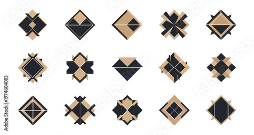 Geometric diamond shapes in gold and dark gray on black background