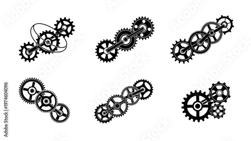 Collection of black mechanical gears and cogwheels in various arrangements isolated on white