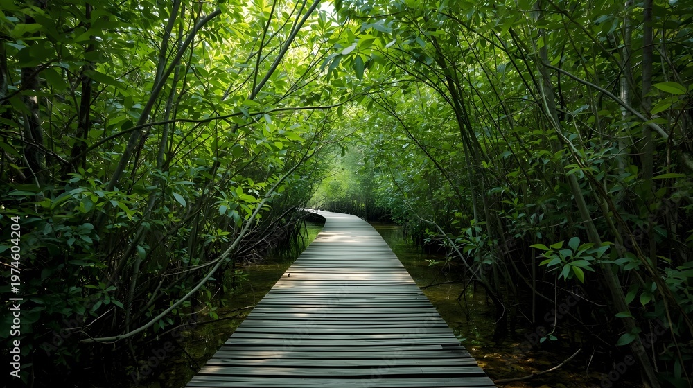 Obraz premium Nature's Embrace A Serene Wooden Boardwalk Meanders Through a Lush, Sun-Kissed Green Forest, Inviting Tranquil Exploration