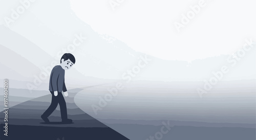 A sad, lonely person walks slowly along a path into a vast, foggy void alone