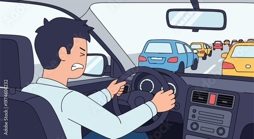An angry man driving his car while stuck in a slow moving traffic jam on a road