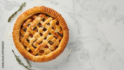 Delicious chicken and vegetable pie on a white marble table, overhead view.