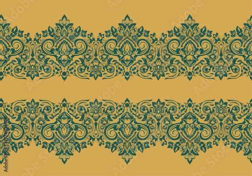 Seamless ornamental textile pattern with intricate cream florals arranged on dark teal surface