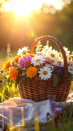 A rustic basket overflowing with a vibrant medley of colorful blossoms sits on a white cloth, bathed in golden sunlight