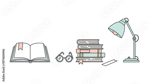 Serene Reading Nook: An inviting illustration of a tranquil reading nook, complete with stacked books, eyeglasses, and a softly lit lamp.