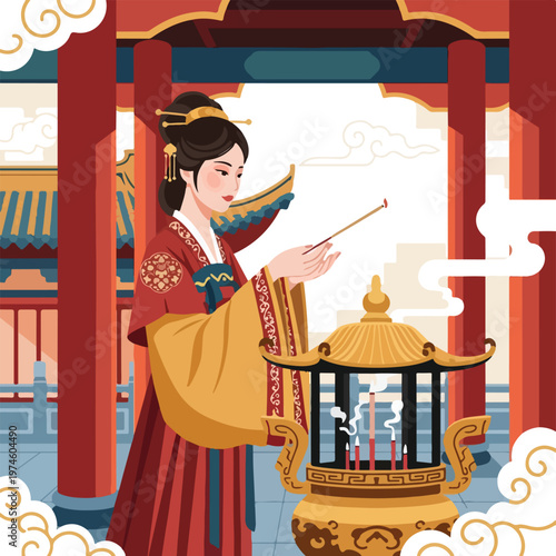 A woman in traditional East Asian attire burning incense at a temple pavilion