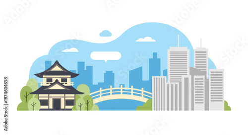 Traditional Japanese Temple Beside Modern Cityscape.