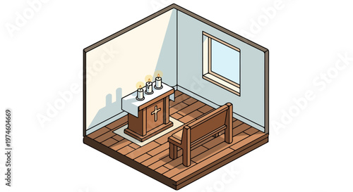 Isometric view of a small church interior featuring an altar and wooden pew