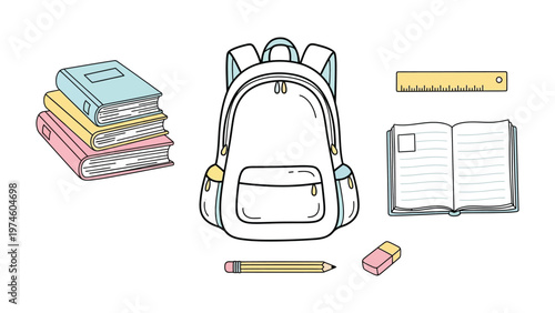 Back to School Essentials: A minimalist depiction of school supplies including backpack, books, and stationery. Perfect for educational themes.