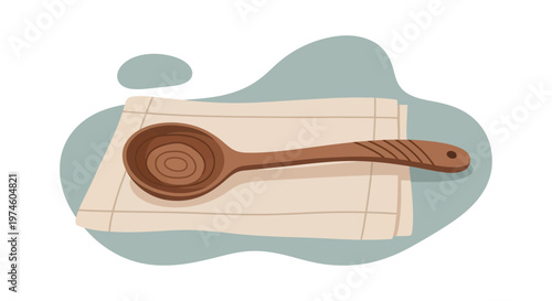 Wooden Spoon on Napkin Illustration.