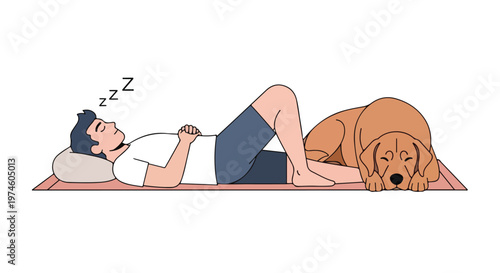 A man and his dog napping peacefully together on a mat on the floor