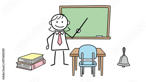 Simplified Classroom Scene: An illustration depicts a classroom setup with a teacher, desk, chair, books and a bell, creating an educational environment.