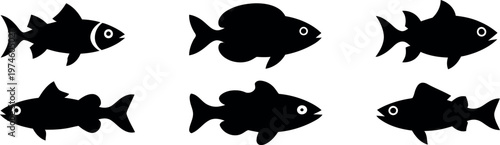 Minimalist black sardine seafood silhouette vector icon set isolated on white background for food, marine, and culinary design projects