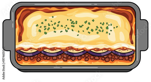 A freshly baked moussaka in a grey ceramic baking dish with a cheese topping