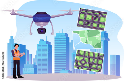 Drone operator using UAV for map making, map of the city, vector flat cartographer operating quadcopter on cityscape