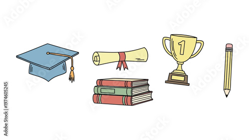 Education Essentials: A collection of essential academic items, including a graduation cap, diploma, books, trophy, and pencil, symbolizing the core elements of the educational journey.