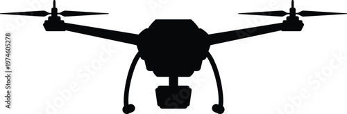 Drone UAV with video camera vector black silhouette, unmanned aerial vehicle, quadcopter photography video surveillance