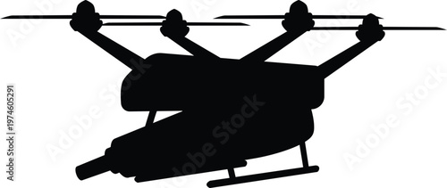 Military drone UAV with gun ammunition vector black silhouette, flying quadcopter, unmanned aerial vehicle war mission