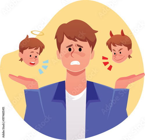 Confused young man with devil and angel on different sides decide or think, vector flat frustrated guy feel doubtful