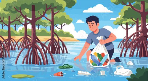 A young man cleans plastic trash from the shallow water of a lush mangrove forest