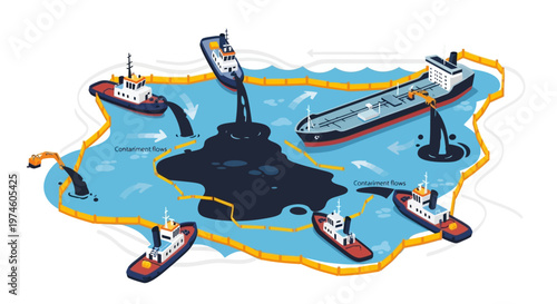Oil spill cleanup operation with tugboats and tanker ship.