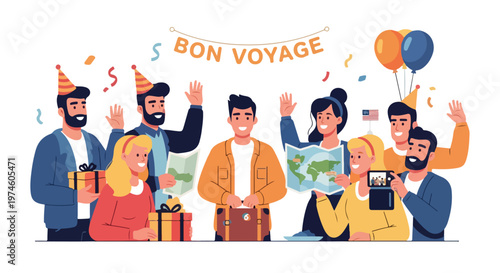 A group of friends celebrating a departure with a suitcase and map at a party