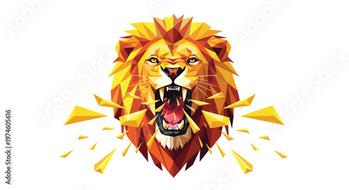 A vibrant polygonal golden lion head with a roaring open mouth and sharp teeth is depicted with golden fragments erupting.