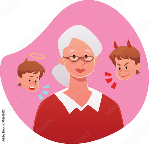 An elderly woman with the heads of an angel and a devil, choosing between good and evil.