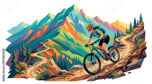 Mountain biker riding downhill on a scenic trail.