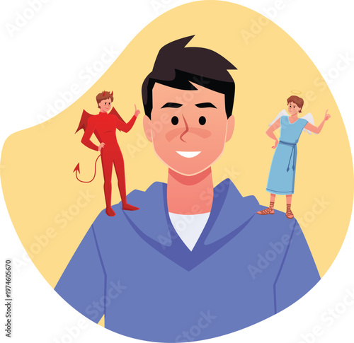 Young man with devil and angel on different sides decide or think, vector flat guy getting right or wrong decision