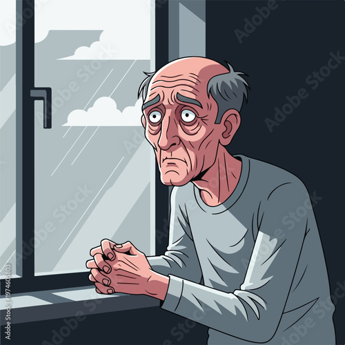 An elderly man with a worried expression stands by a window in a dark room