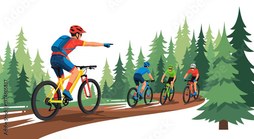 Mountain bikers riding on a forest trail together.