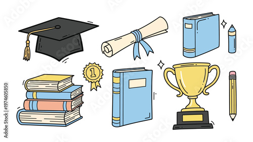 Graduation Symbols Illustration: A collection of meticulously drawn graduation symbols against an illustrated background, perfect for educational projects. 