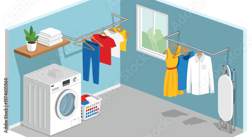Isometric illustration of a laundry room with washer, hanging clothes, and shelf