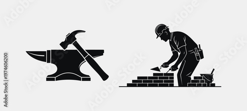 A silhouette of a determined hiker with a backpack climbing up a steep mountain slope forward.