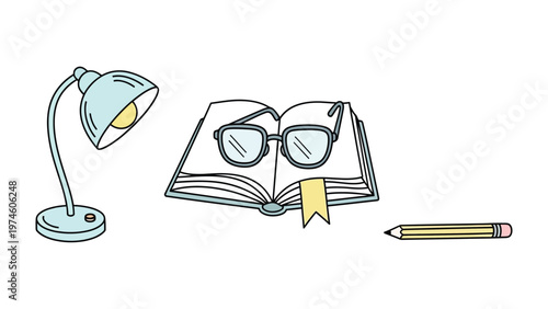 Reading Essentials: A cozy scene, featuring a study lamp illuminating an open book and glasses alongside a pencil, symbolizing knowledge and education.