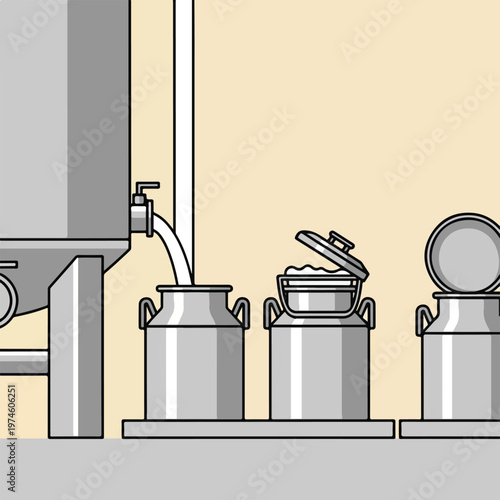 Industrial metal vat pouring fresh milk into several classic stainless steel cans