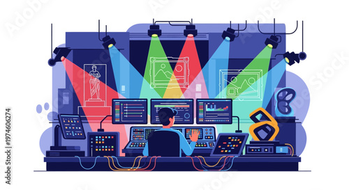 Operator controlling complex broadcast equipment with multiple screens.
