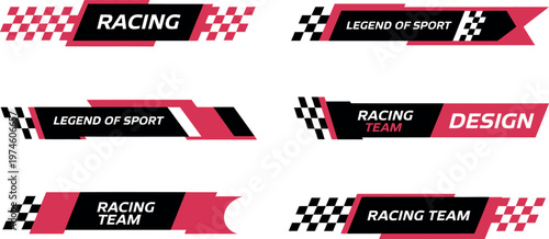 Vector racing labels and lower third design set including racing flag stickers, bar templates, and car decals for automotive and motorsport graphics