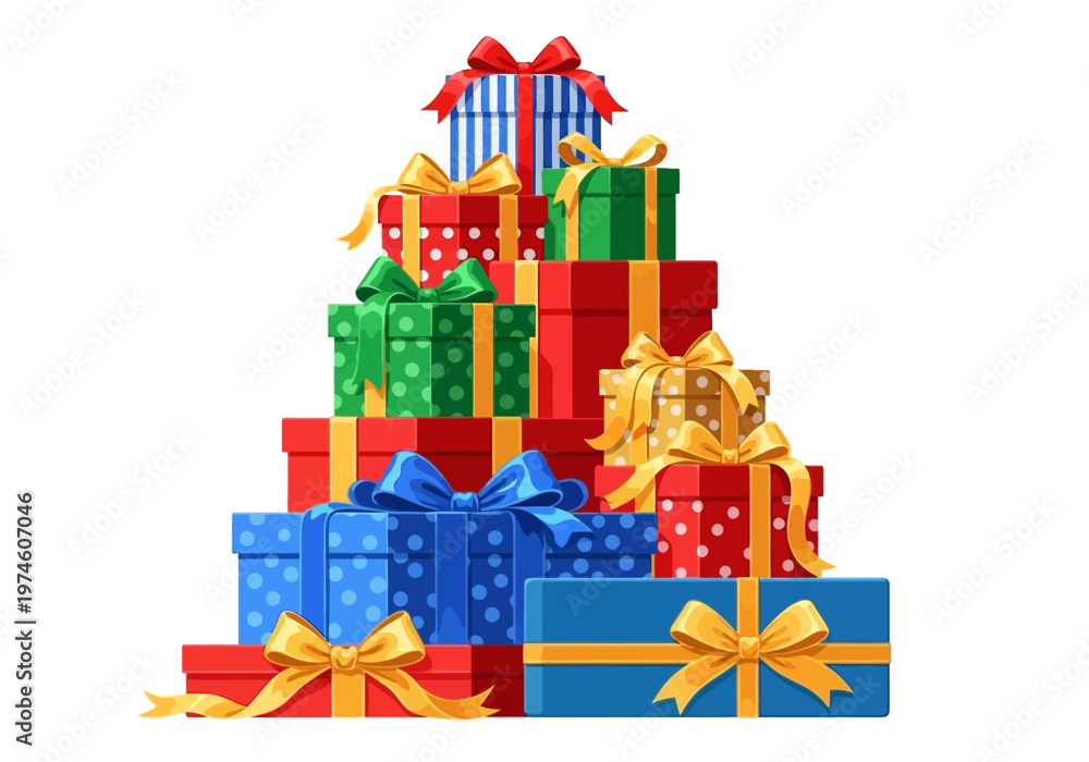 Fototapeta premium A tall stack of brightly colored wrapped gift boxes with bows